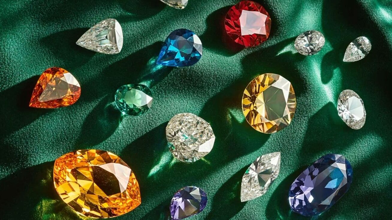 A top down view of various colorful diamonds scattered across a square emerald green velvet surface 1 rotated