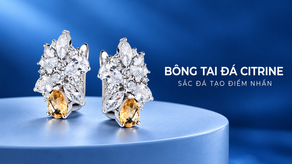 Bông tai vàng nữ đính đá, thiết kế tinh tế | IJC 3 bong tai da citrine