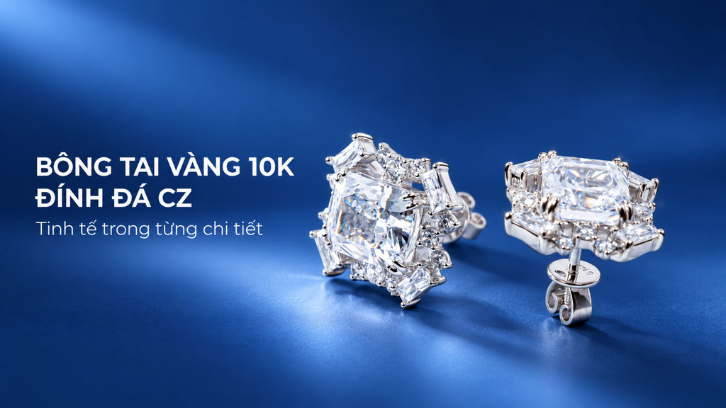 Bông tai vàng nữ đính đá, thiết kế tinh tế | IJC 2 bong tai vang 10k dinh da cz