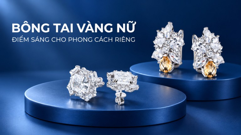 Bông tai vàng nữ đính đá, thiết kế tinh tế | IJC
