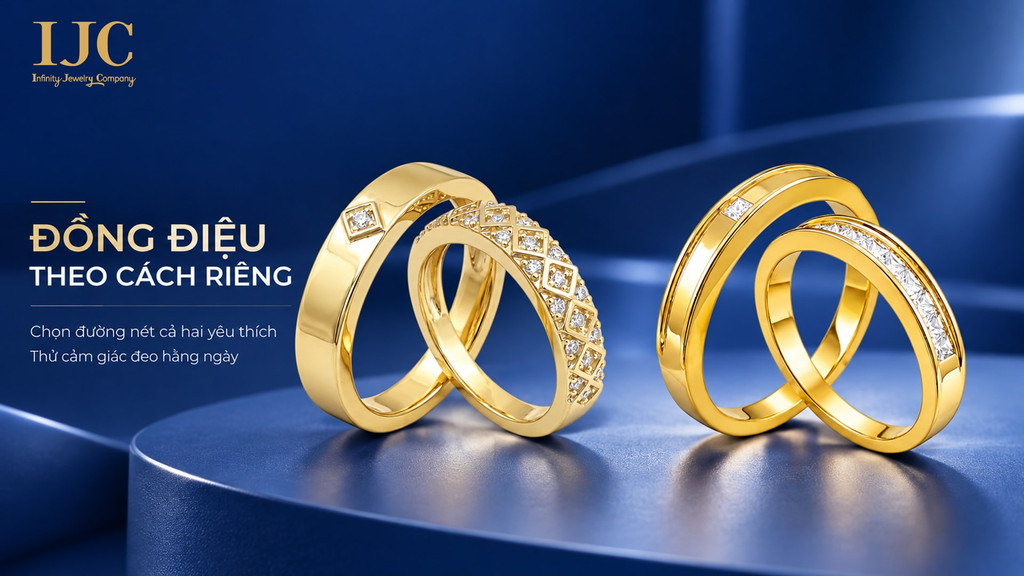 Nhẫn cưới vàng 10K: Chọn cặp nhẫn đúng gu | IJC 2 cap nhan cuoi vang 10k dung gu